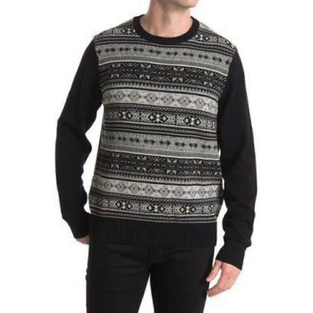 Weatherproof Vintage Men's Fair Isle Holiday Black Gray Cotton Sweater Large